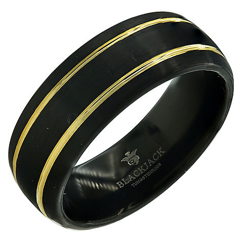 Men's Gold Etched Double Stripe Ring in Tungsten