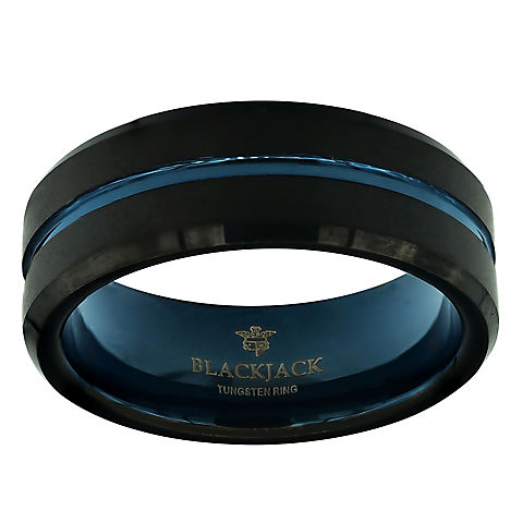 Men's Black/Blue Etched Stripe Ring in Tungsten