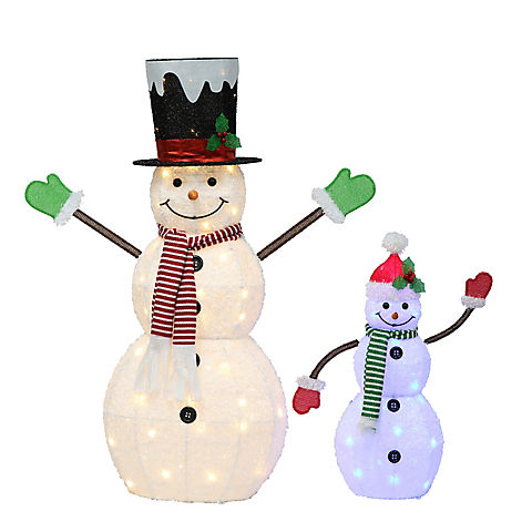 Puleo International 2-Pc. Lighted Snowmen Set with 100 ct. Lights - White and Blue