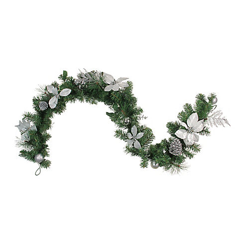 Northlight 6" Silver Poinsettia and Pinecone Artificial Christmas Garland - Unlit