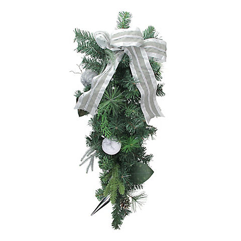 Northlight 32" White Bow and Pine Cone Artificial Christmas Teardrop Swag - Unlit