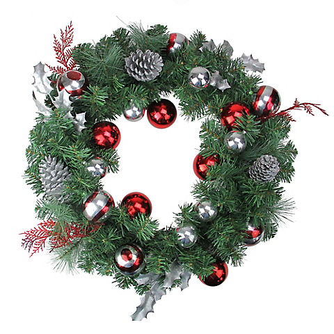 Northlight 24" Red and Silver Ornaments Artificial Christmas Wreath - Unlit