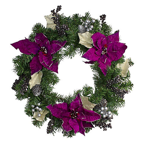 Northlight 24" Purple Poinsettia and Silver Pine Cone Artificial Christmas Wreath - Unlit