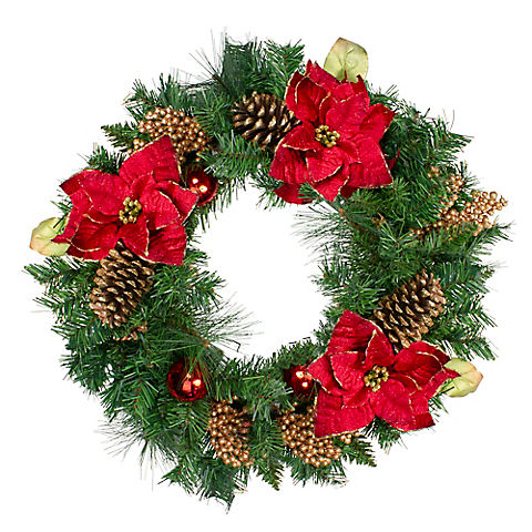 Northlight 24" Green Pine and Poinsettias Artificial Christmas Wreath - Unlit