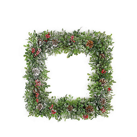 Northlight 18" Square Boxwood and Berries Pine Cone Artificial Christmas Wreath - Unlit