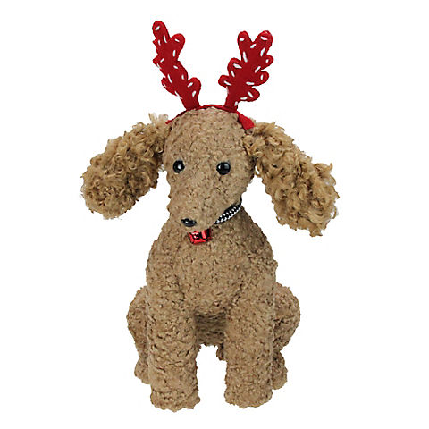 Northlight 14.5" Plush Tan Bichon Frise Puppy Dog with Red Antlers Christmas Decoration