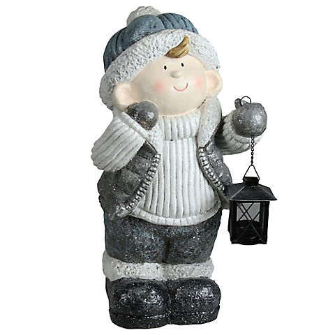 Northlight 18.5" Little Boy Holding Tea Light Lantern Christmas Tabletop Figure - White and Gray