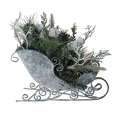 Northlight 9.5" Frosted Christmas Pinecone  Bell and Foliage Filled Tabletop Sleigh - Gray and Green
