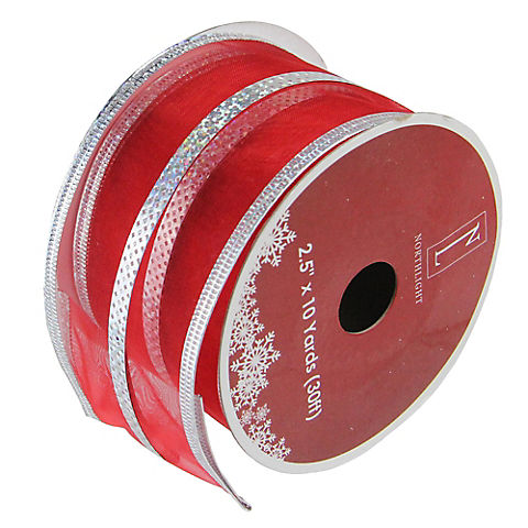 Northlight 2.5" x 120 Yards Dazzling Metallic Striped Wired Christmas Craft Ribbon Spools, 12 pk.  - Red and Silver