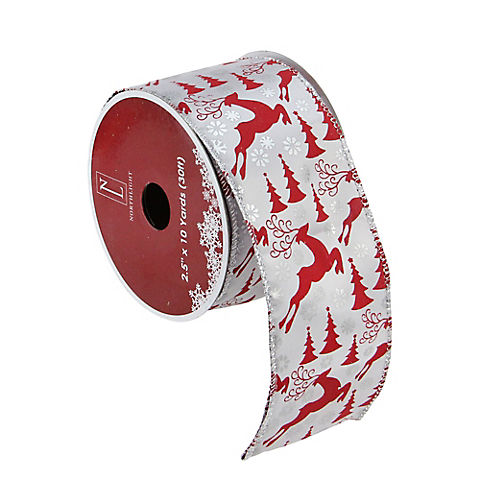 Northlight 2.5" x 120 Yards Flying Reindeer Christmas Wired Craft Ribbon Spools, 12 pk. - Silver and Red