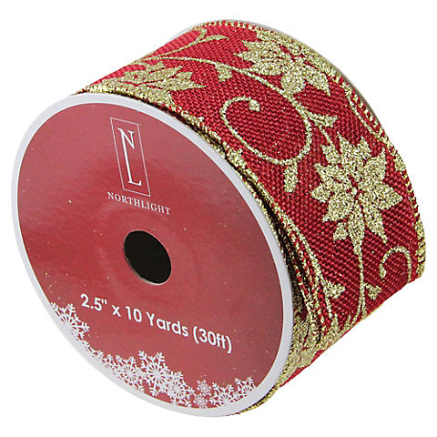 Northlight 2.5" x 120 Yards Cranberry Poinsettia Wired Craft Ribbons 12 pk. - Red and Gold