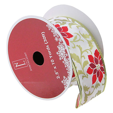 Northlight 2.5 x 120 Yards Total Poinsettia Print  Wired Christmas Craft Ribbon Spools, 12 pk. - Red and Gold