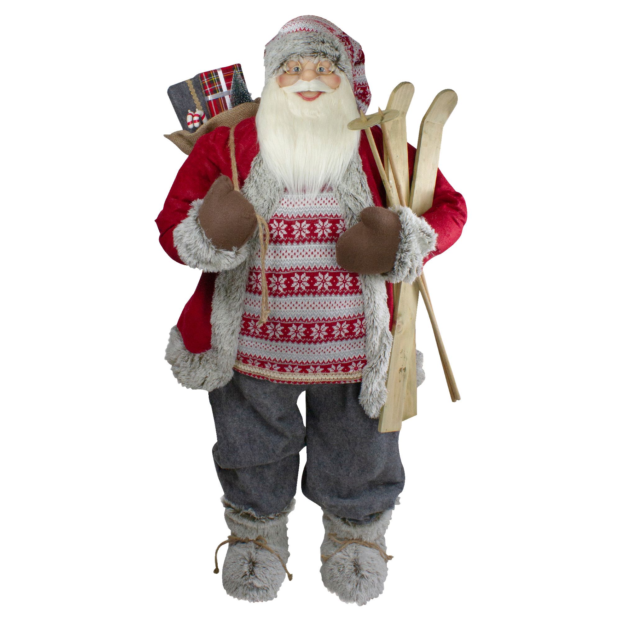 Santa Claus wearing a traditional red suit with white fur trim, a wide  black belt, and shiny black boots. He carries a large, overflowing sack of  toys on his back - Stable