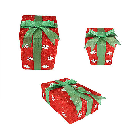 Northlight 3-Pc. 13" Pre-Lit Snowflake Gift Boxes Christmas Outdoor Decor - Red and Green