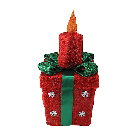 Northlight 20" Lighted Sisal Gift Box with Candle Christmas Outdoor Decoration - Red and Green