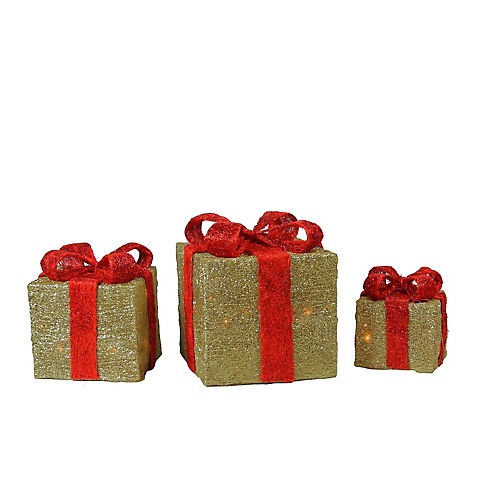 Northlight 3-Pc. 10" Lighted Gift Boxes Outdoor Christmas Decorations - Gold and Red