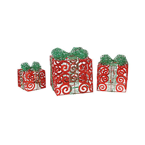 Northlight 3-Pc. Lighted Sparkling Swirl Glitter Gift Boxes Outdoor Christmas Decorations - Red