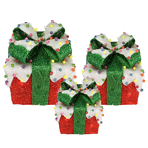 Northlight 3-Pc. Lighted Snow and Candy Covered Sisal Gift Boxes Christmas Outdoor Decorations