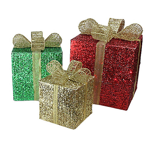 Northlight 3-Pc. 15" Pre-Lit Glittering Gift Boxes Christmas Outdoor Decor - Red
