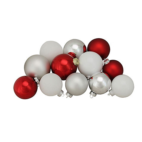 Northlight 3.25-4" Shiny and Matte Glass Ball Christmas Ornaments, 72 ct. - Red, Silver and White