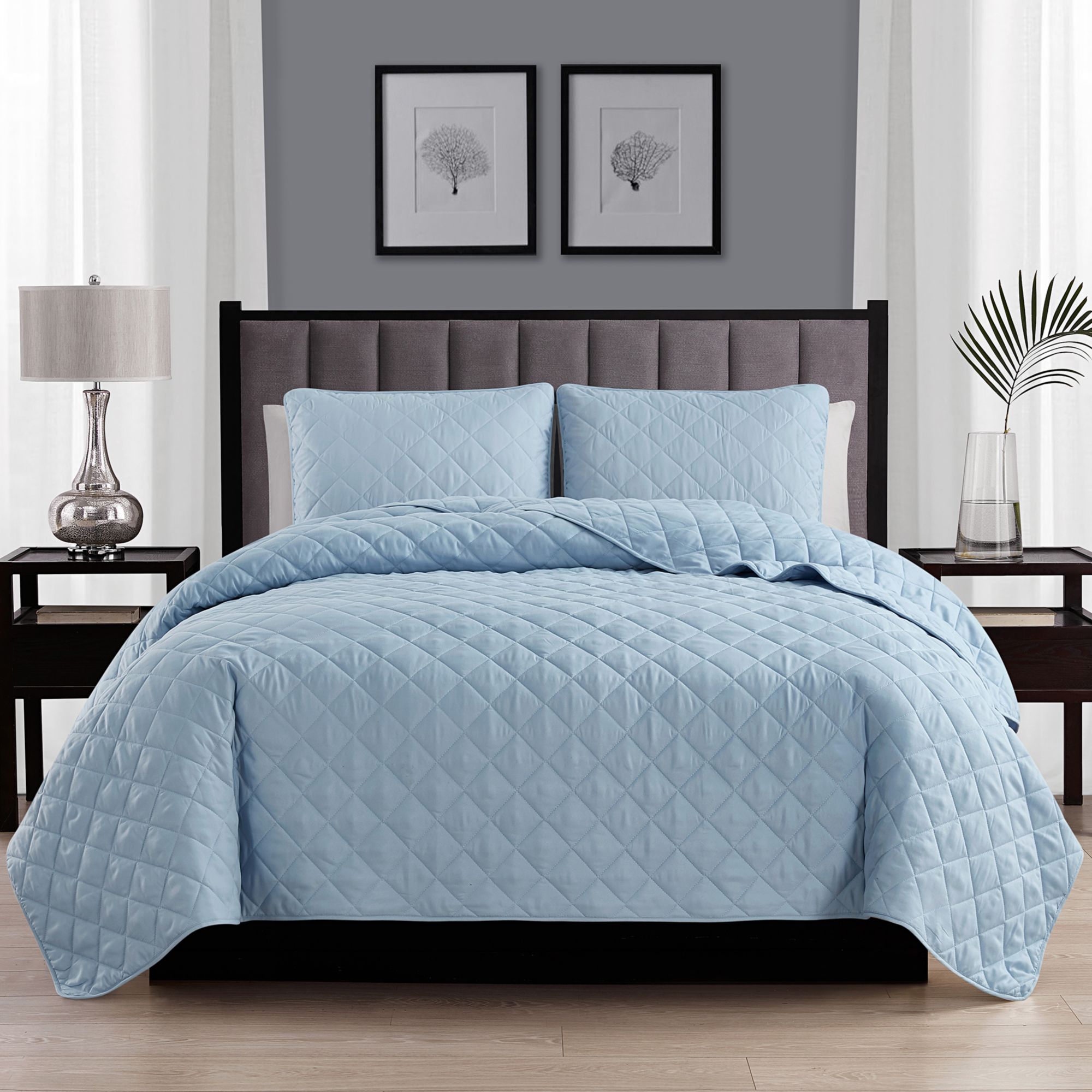 Swift Home Cozy and Soft Light Blue Diamond Stitch Quilt Bedspread ...