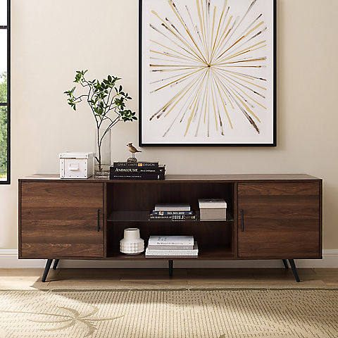 W. Trends 70" Nora Mid Century Modern Glass Shelf 2-Door TV Stand for TVs Up to 80" - Dark Walnut