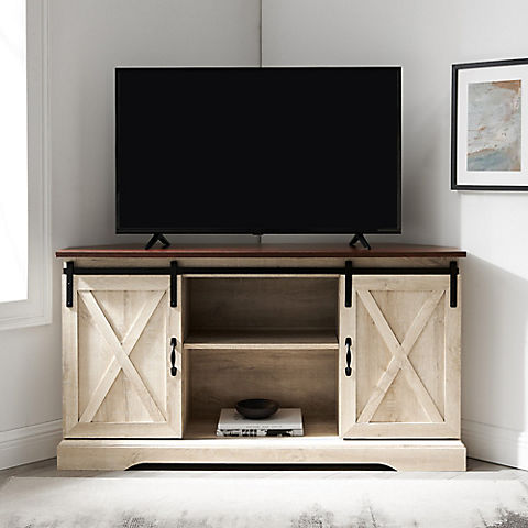 W. Trends 52" Sliding Barn Door Corner TV Stand for TVs Up to 58" - Traditional Brown/White Oak