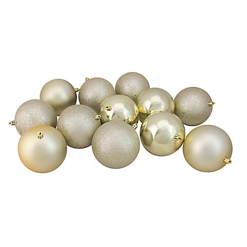 Northlight Shatterproof 4-Finish 4" Christmas Ball Ornaments, Set of 12 - Champagne Gold