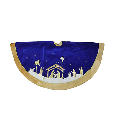 Northlight 48" Nativity Scene Christmas Tree Skirt with Gold Border - Blue and Gold