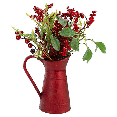 Northlight 13" Foliage with Bell in Vintage Milk Jug Christmas Decoration - Red and Green