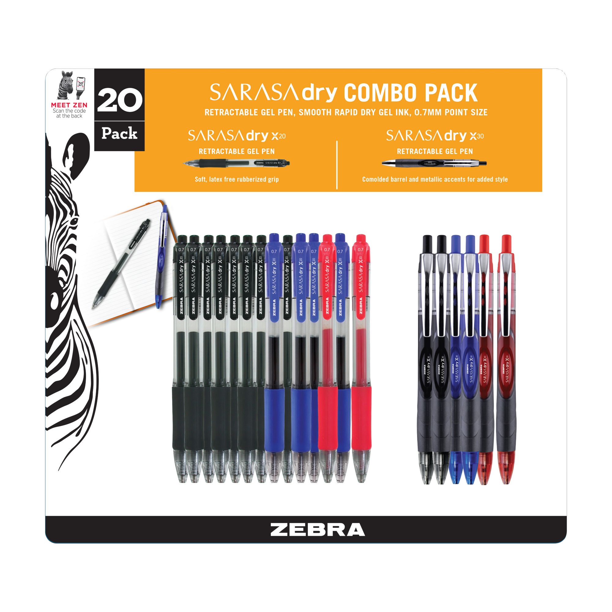 Zebra Pen Sarasa X20 Retractable Gel Ink Pens, Medium Point 0.7mm, Black  Rapid Dry Ink, 4 Pack (Packaging may vary)