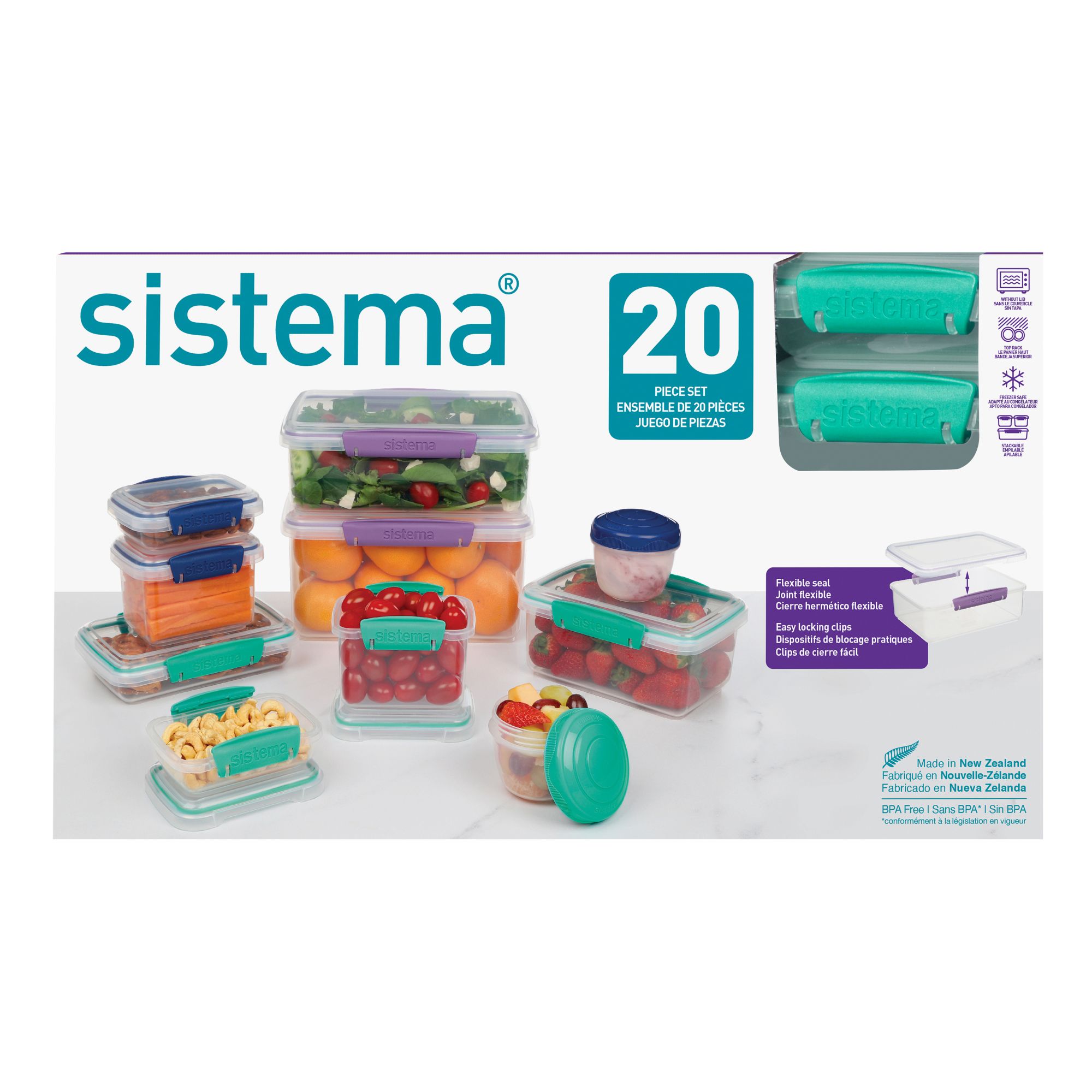 Sistema 18-Piece Food Storage Containers with Lids for Lunch, Meal Prep,  and Leftovers, Dishwasher Safe, Clear/Blue