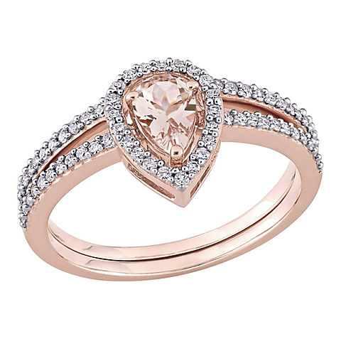 0.38 ct. t.w.. Diamond Pear Halo Interlocking Bridal Ring Set in 10k Rose Gold