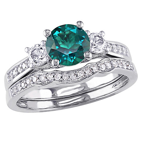 1.12 ct. t.w. Created Emerald Created White Sapphire and Diamond 3-Stone Bridal Set in 10k White Gold