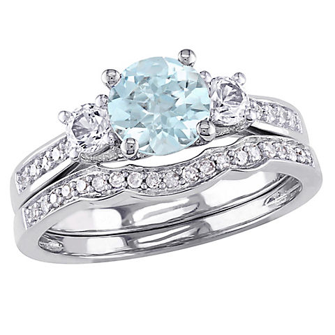 1 ct. t.w. Aquamarine Created White Sapphire and Diamond 3-Stone Bridal Set in 10k White Gold