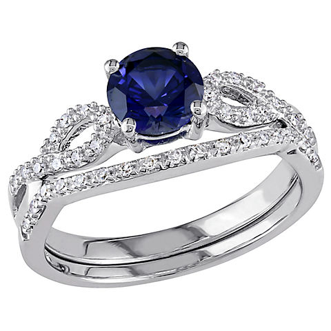 0.16 ct. t.w. Created Blue Sapphire and Diamond Infinity Bridal Set in 10k White Gold