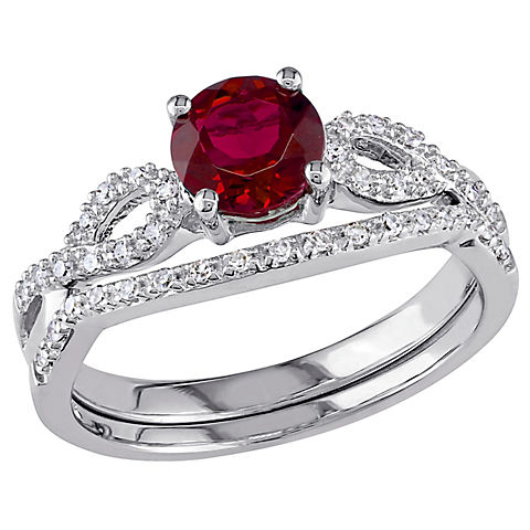 1 ct. t.w. Created Ruby and Diamond Infinity Bridal Ring Set in 10k White Gold