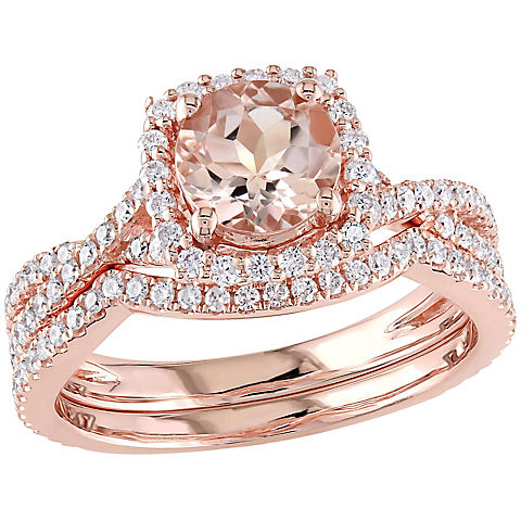 1 ct. t.w.. Diamond Halo Crossover Bridal Ring Set in 14k Rose Gold