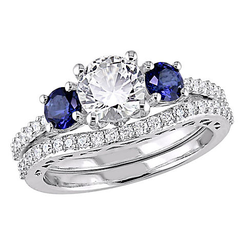 0.33 ct. t.w. Created White and Blue Sapphire Diamond 3-Stone Bridal Set in 10k White Gold