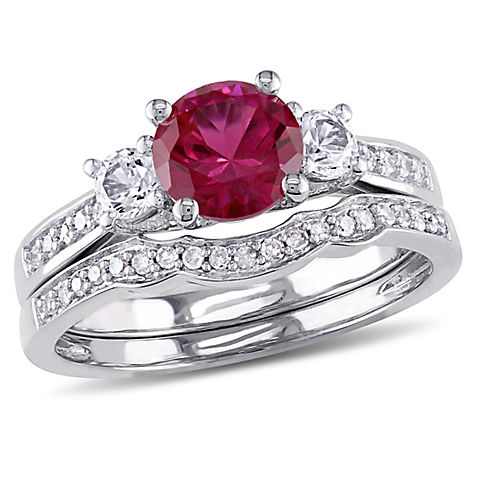 1.33 ct. t.w. Created Ruby Created White Sapphire and Diamond 3-Stone Bridal Set in 10k White Gold