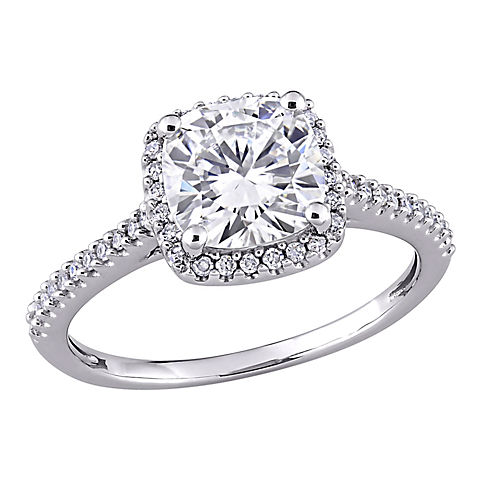 2 ct. DEW Created Moissanite and .25 ct. t.w. Diamond Halo Engagement Ring in 14k White Gold