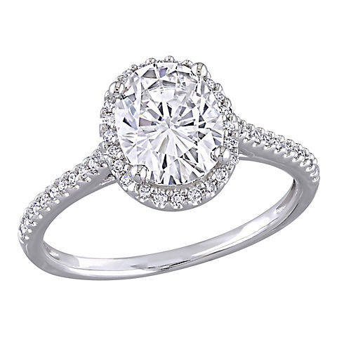2 ct. DEW Created Moissanite and .25 ct. t.w. Diamond Halo Engagement Ring in 14k White Gold