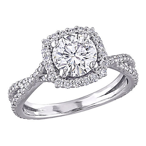1.5 ct. DEW Created Moissanite Square Halo Crossover Engagement Ring in 10k White Gold