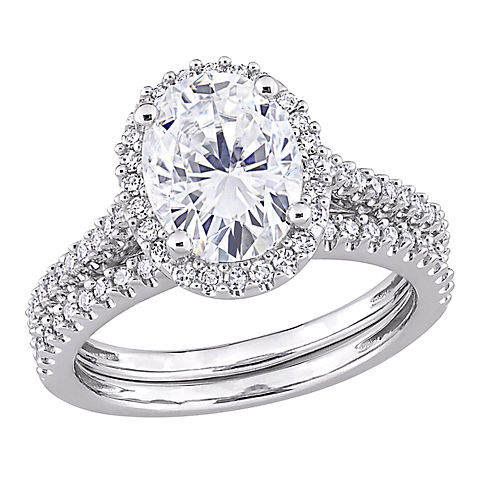 2 ct. DEW Created Moissanite and .33 ct. t.w. Diamond Oval Bridal Set in 14k White Gold