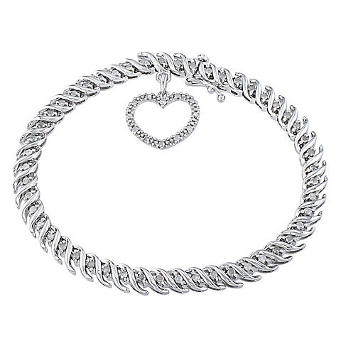 1 ct. t.w. Diamond Heart Charm Tennis Bracelet in Sterling Silver