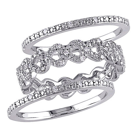 .125 ct. t.w. Diamond Heart Link 3 pc. Ring Set in Sterling Silver