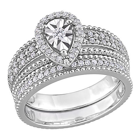 0.33 ct. t.w. Diamond Teardrop Halo Bridal Set in Sterling Silver