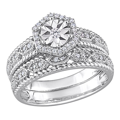 0.25 ct. t.w. Diamond Hexagon Halo Bridal Ring Set in Sterling Silver