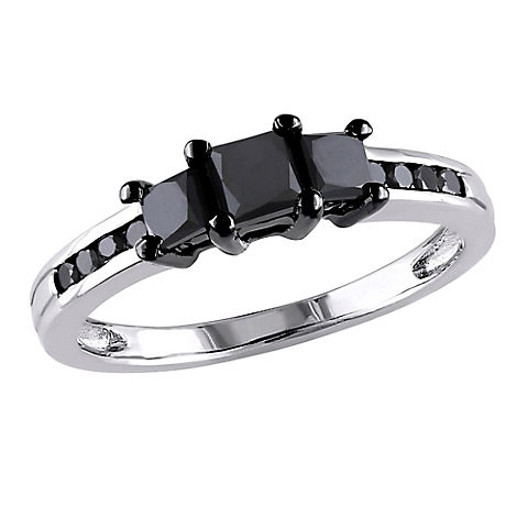 1 ct. t.w.. Black Diamond Princess Cut 3-Stone Engagement Ring in Sterling Silver