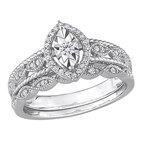 0.2 ct. t.w. Diamond Oval Halo Bridal Ring Set in Sterling Silver